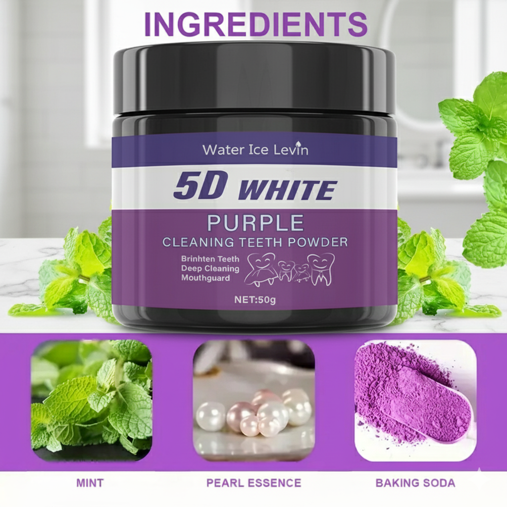 5D White Teeth Powder. Purple  - Teeth Whitening With Baking Soda recensie en prijs